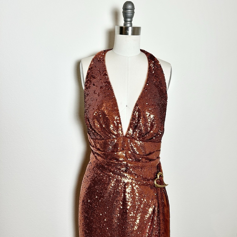 Halston Mio Sequin Halter Gown Burnt Orange Rust Heart Detail Size 14 NEW